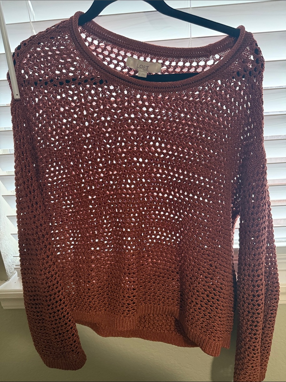 LOFT Crochet Open-Weave Scoop Neck Sweater - Rust Brown